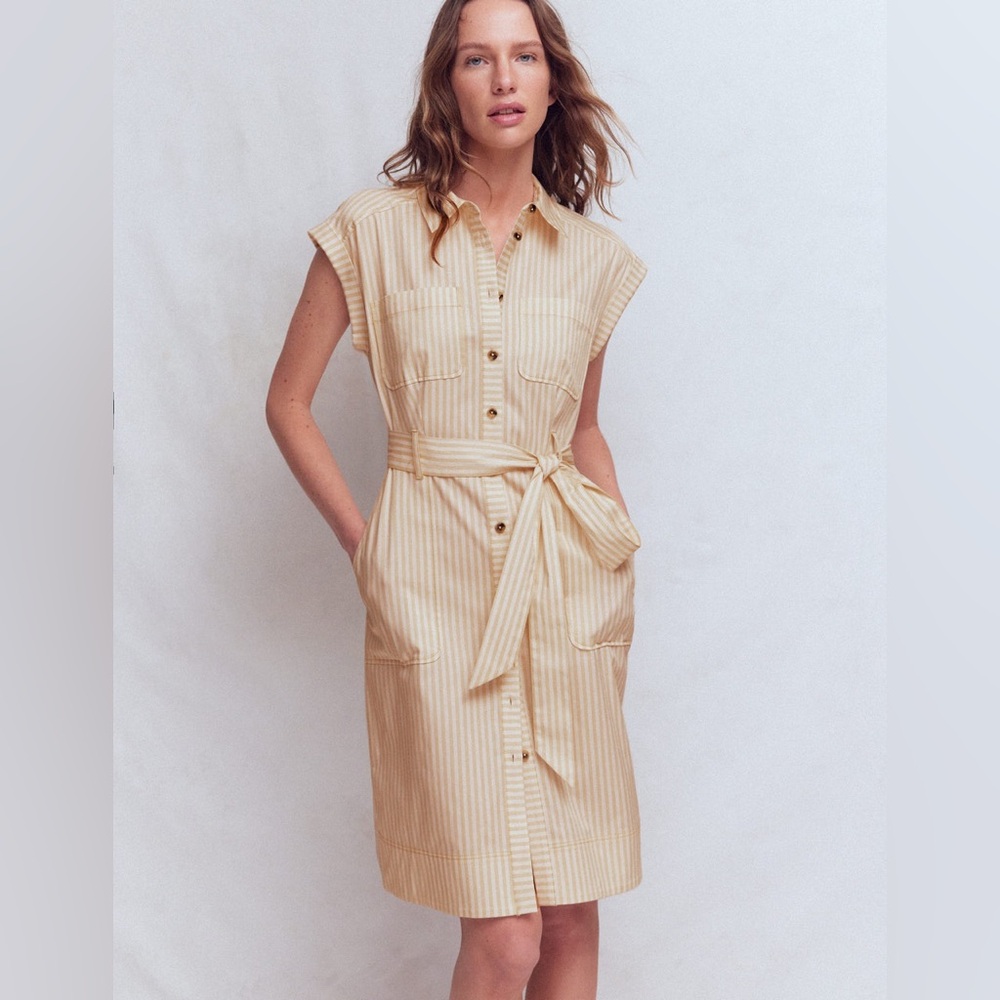 NWT Boden Short Belted Shirt Dress in Brown Ivory Ticking Stripe
